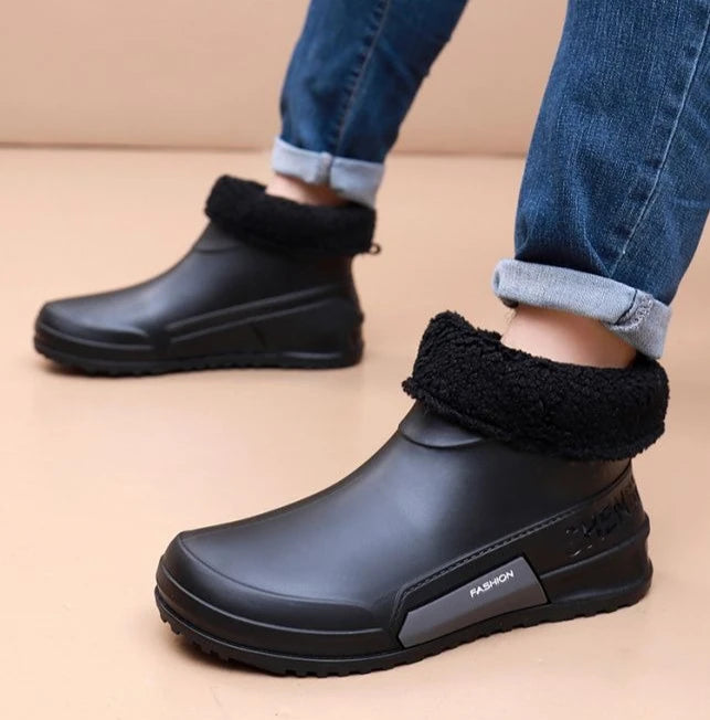Waterproof Ankle Rain Boots for Men Chef Kitchen Fleece-lined Man Shoes Work Fashion Rainy Day Non-slip Garden Fishing Wellies