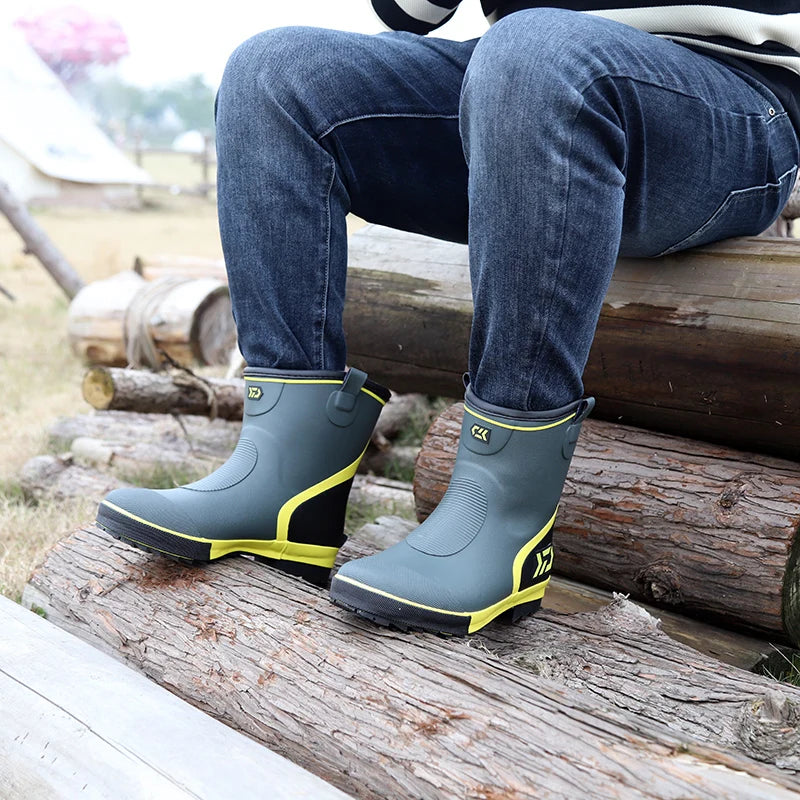 Thiened Fce Lined Rubber Rain Boots Men's Mid-Calf Warm Waterproof Non-Slip Fiing Boots Cold Resistant Booties