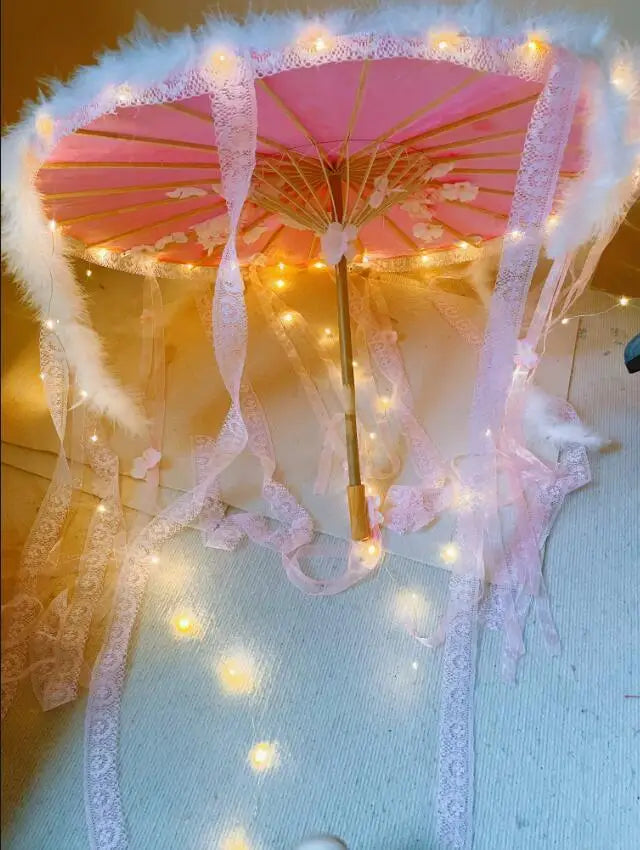 LED Yarn Silk Cloth Lace Decorative Umbrella Beach Parasol Princess Chinese Japan Umbrella Drama Craft Umbrella Cosplay