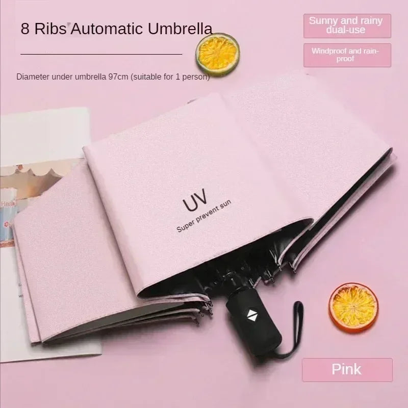UV Black Adhesive Fully Automatic Sun Umbrella with Rain and Rain Protection, UV Protection, Sunscreen, and Three Fold Umbrella
