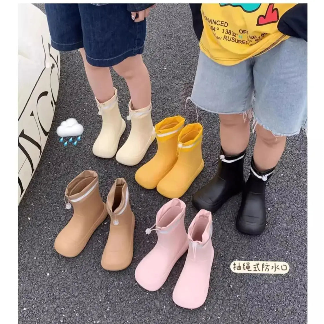 Solid Big  Men Women Outdoor Tide Non-slip Waterproof Parent-Child Rain Boots Children Hundred Couple Adjustable Drawstring