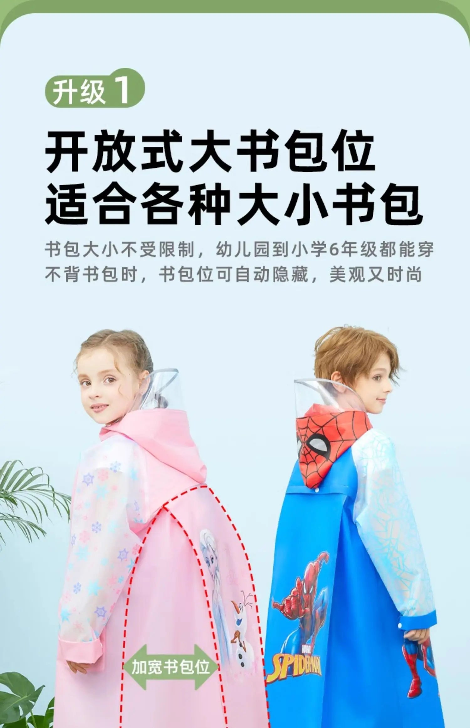 Disney Kids Raincoat Wateproof Children Elsa Spider-Man Rain Poncho Rain Coat Jacket with Backpack Position Student RainWear