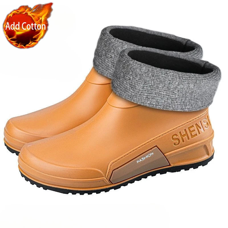 Waterproof Ankle Rain Boots for Men Chef Kitchen Fleece-lined Man Shoes Work Fashion Rainy Day Non-slip Garden Fishing Wellies