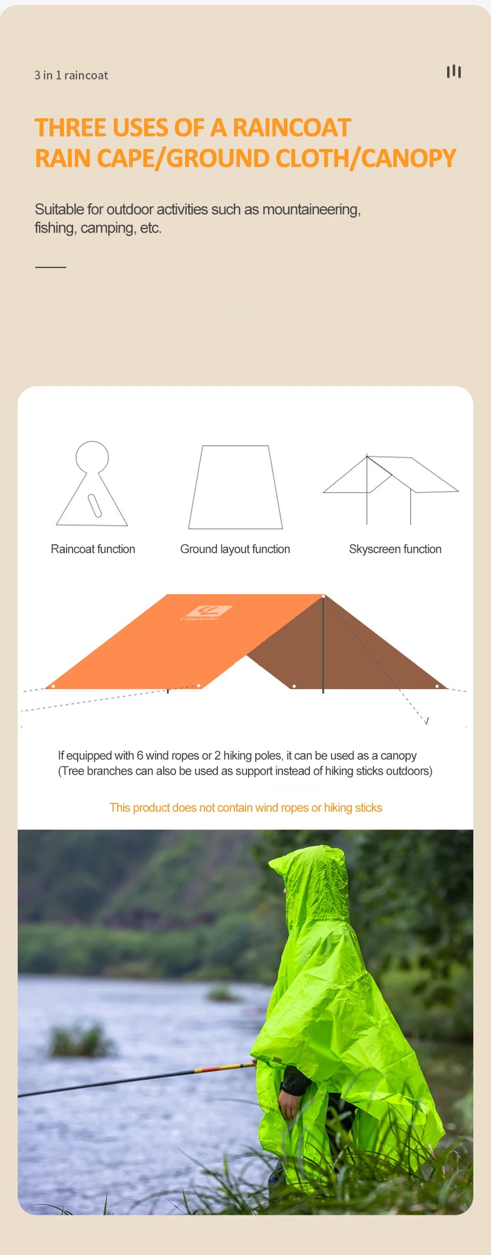 Outdoor 3 In 1 Raincoat Hooded Sleeve Waterproof Rain Poncho Motorcycle Rain Cover Camping Hiking Travel Portable Rainwear Tent