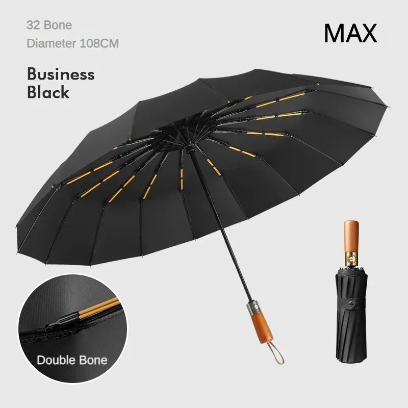 Business Fully Automatic Folding Umbrella Men and Women, Windproof 32 Bone, Wooden Handle, Waterproof Sunshade Rain Umbrellas