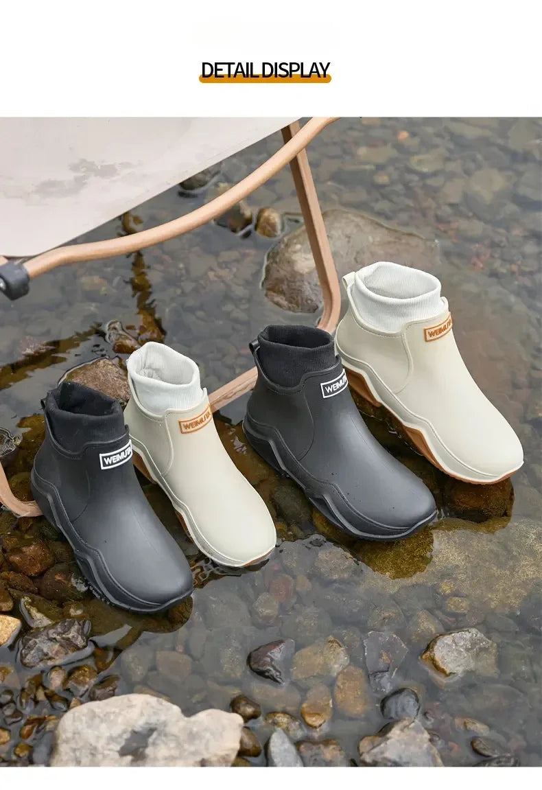 Winter Windproof Cotton Rain Boots Men Warm Light Ankle Rainboots Fashion Black Slip on Rain Shoes Men Waterproof Work Boot 2024