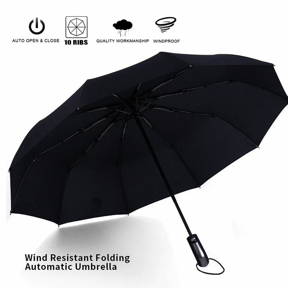 Windproof Wind Resistant 10 Ribs Strong Umbrella Automatic Open Close Folding Umbrella Compact Travel For Men and Women