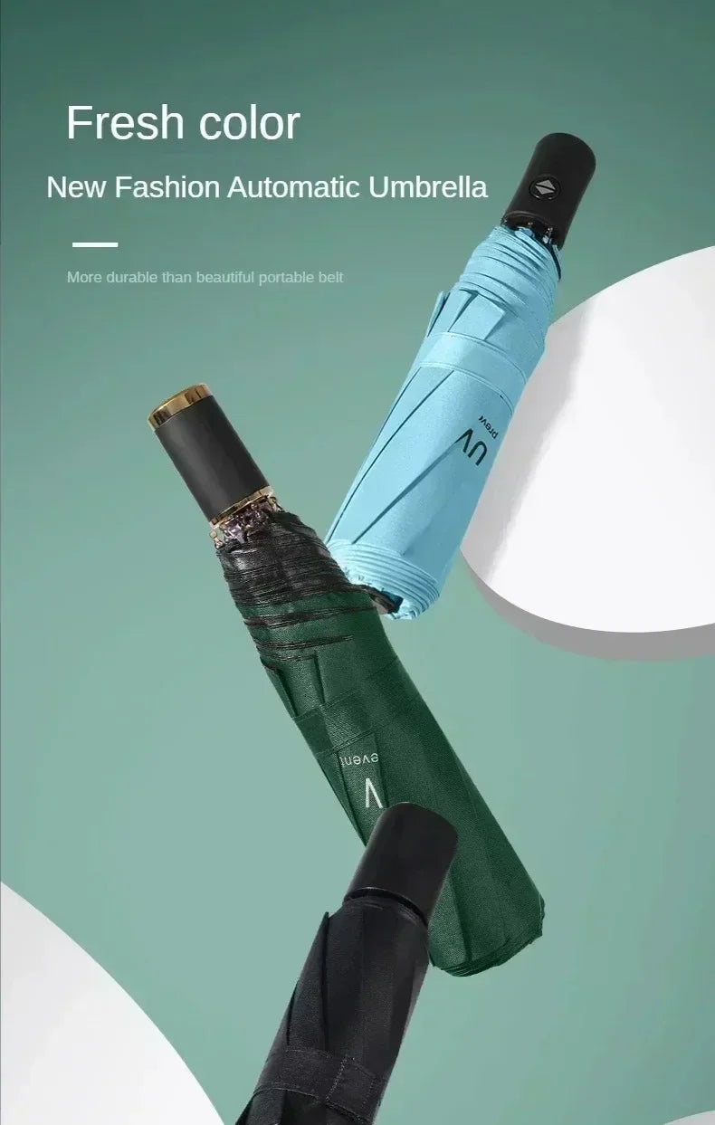 UV Black Adhesive Fully Automatic Sun Umbrella with Rain and Rain Protection, UV Protection, Sunscreen, and Three Fold Umbrella