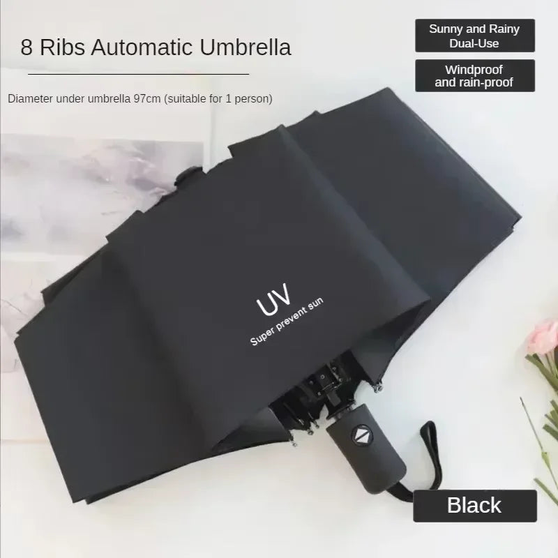 UV Black Adhesive Fully Automatic Sun Umbrella with Rain and Rain Protection, UV Protection, Sunscreen, and Three Fold Umbrella