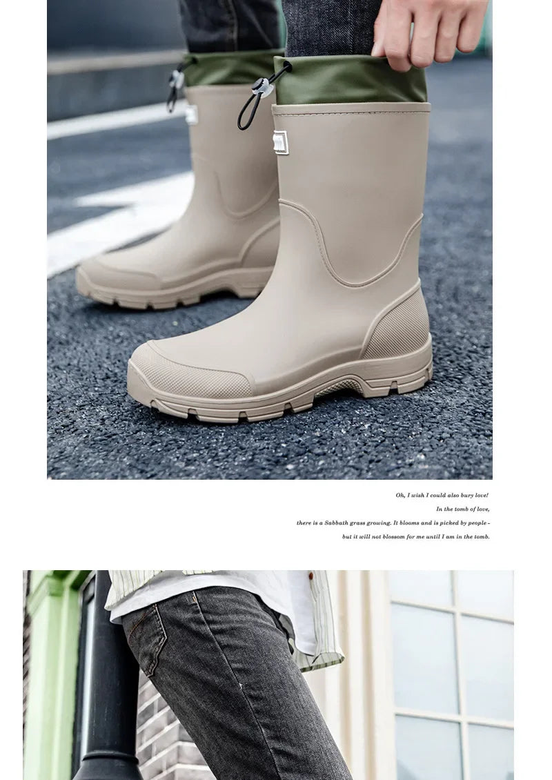 Men's Mid-calf Rain Boots.  New Style. Fashionable Mid-calf Outdoor Slip-resistant Water Shoes. Lightweight and Waterproof