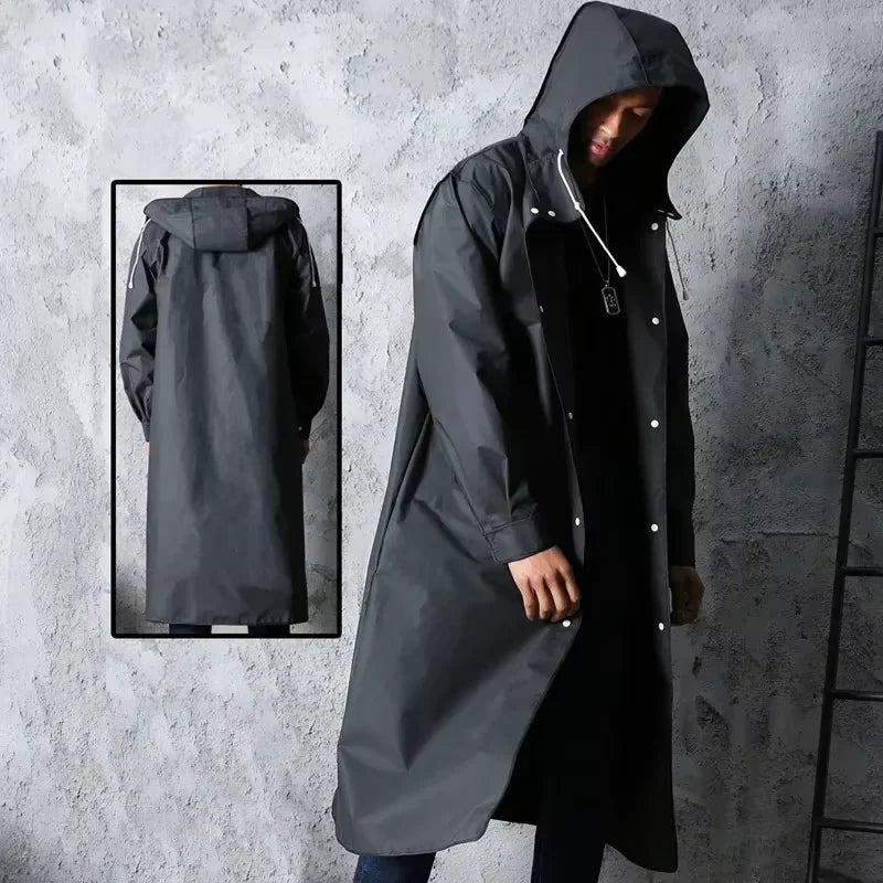 Fashion black adult windbreaker style waterproof long raincoat women's men's hooded outdoor motorcycle, bicycle, hiking, fishing