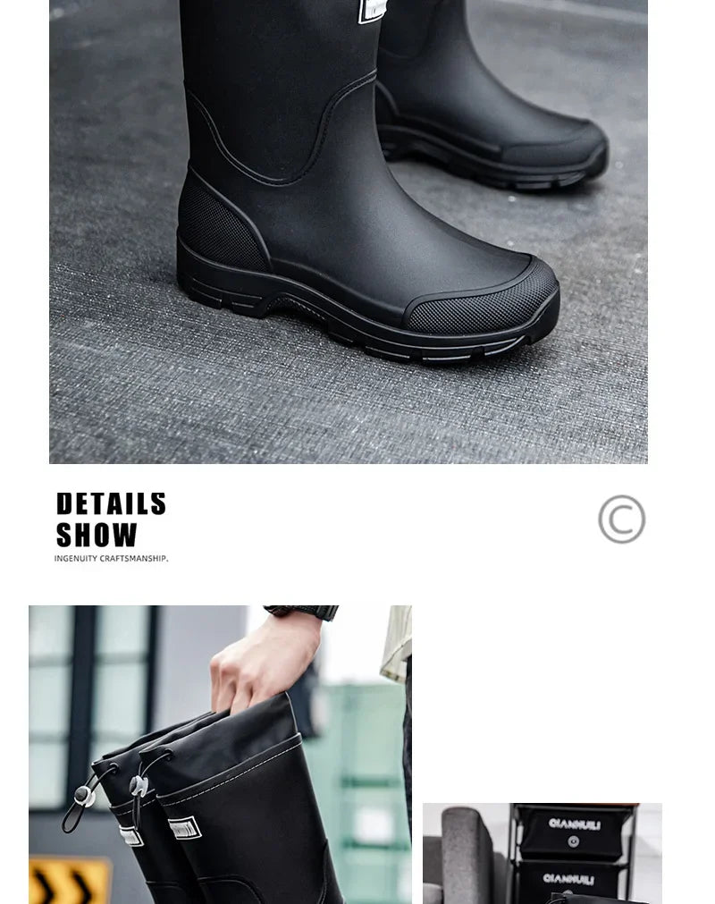 Men's Mid-calf Rain Boots.  New Style. Fashionable Mid-calf Outdoor Slip-resistant Water Shoes. Lightweight and Waterproof