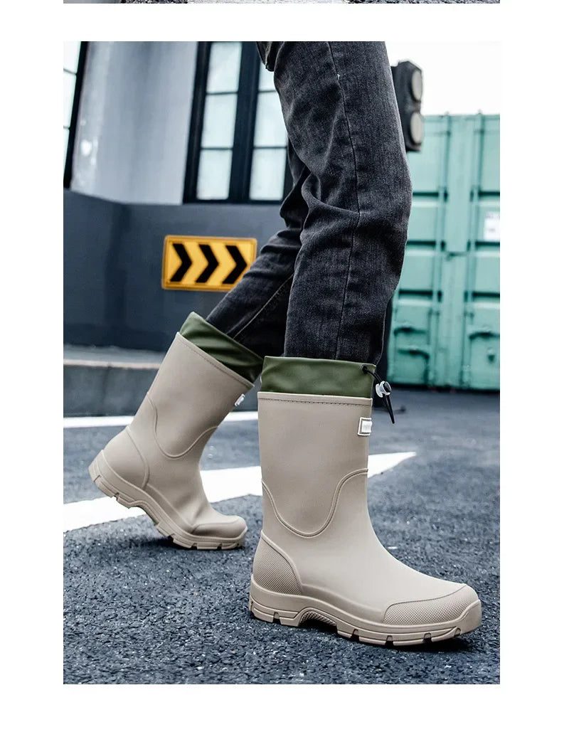 Men's Mid-calf Rain Boots.  New Style. Fashionable Mid-calf Outdoor Slip-resistant Water Shoes. Lightweight and Waterproof