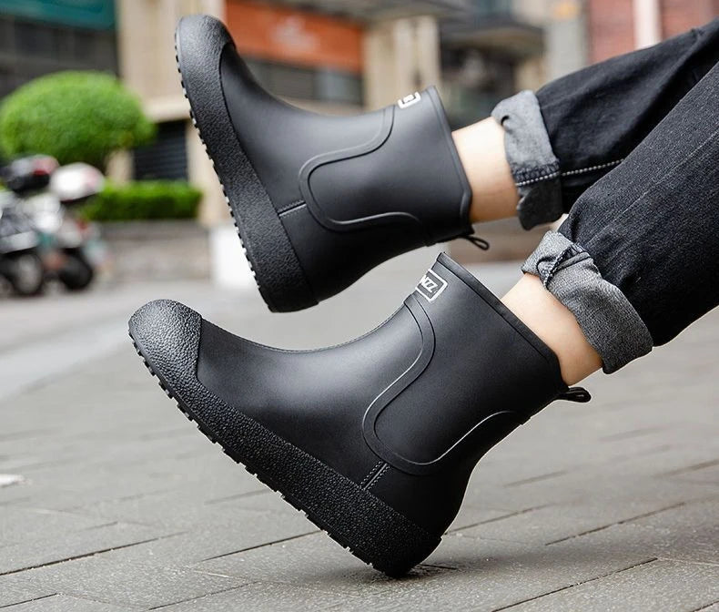 Winter Big Size Warm Waterproof Fleece-lined Short Men's Rain Boots Chef Kitchen Rainy Day Adult Without Lacing Mud Male Shoes