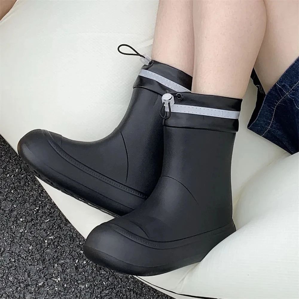 Solid Big  Men Women Outdoor Tide Non-slip Waterproof Parent-Child Rain Boots Children Hundred Couple Adjustable Drawstring