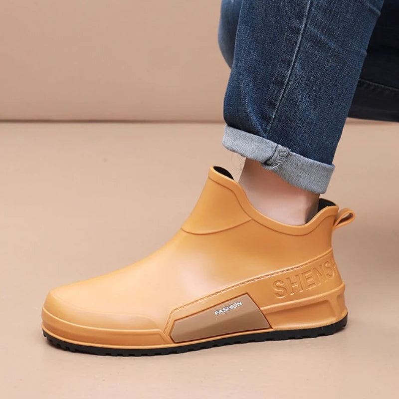 Waterproof Ankle Rain Boots for Men Chef Kitchen Fleece-lined Man Shoes Work Fashion Rainy Day Non-slip Garden Fishing Wellies