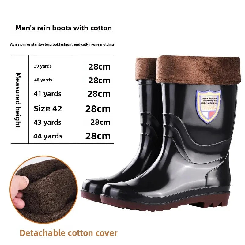 Thickened Cotton Lined Long Tube Winter Rain Boots Men's High Top round Toe Water Shoes Kitchen Shoes with Fleece Men's Rain Sho