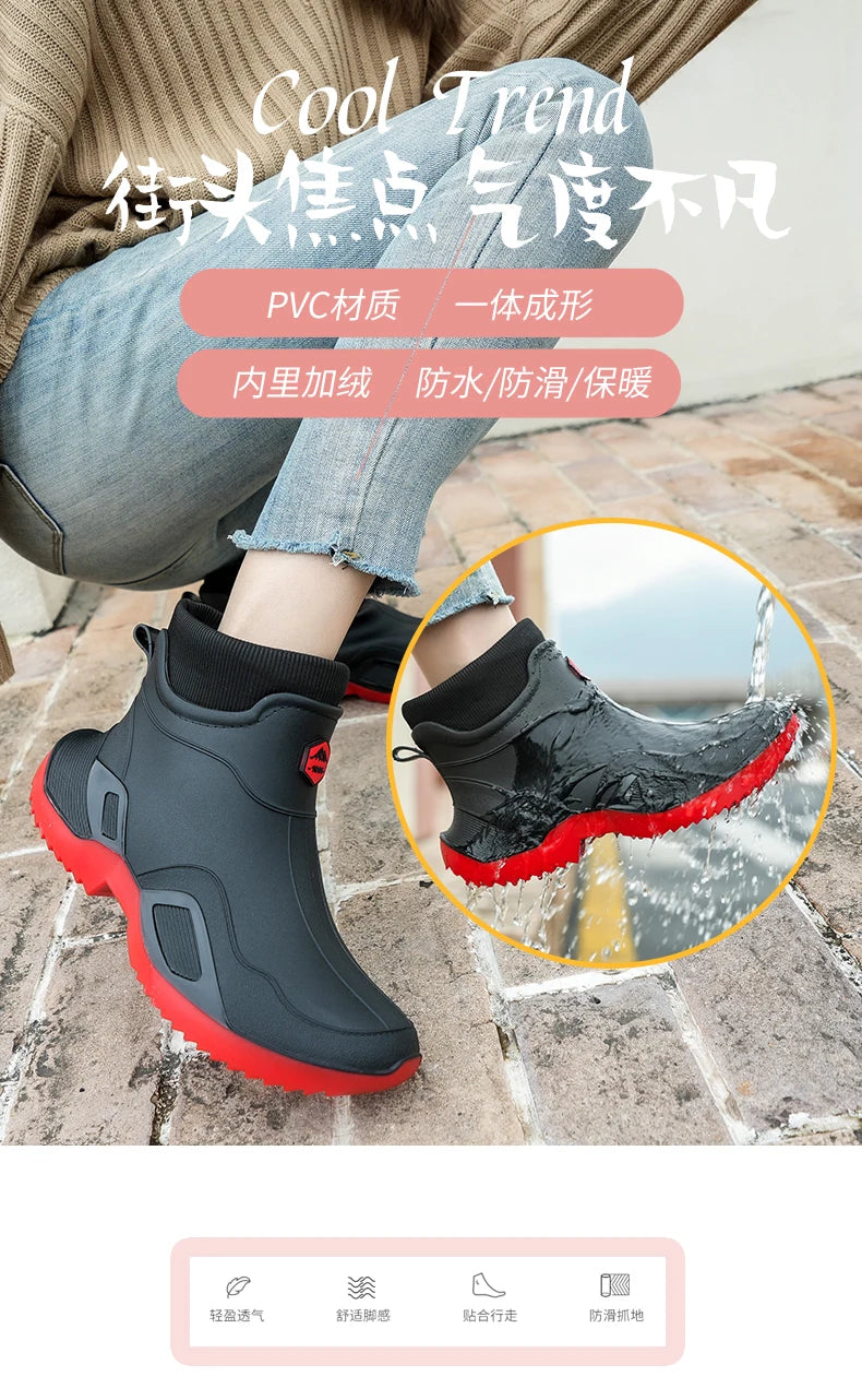 Winter Warm Men's Waterproof Shoes Women's Short Rain Boots Plus Velvet Couple Rain Boots