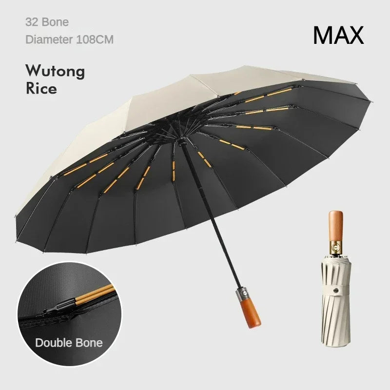 Business Fully Automatic Folding Umbrella Men and Women, Windproof 32 Bone, Wooden Handle, Waterproof Sunshade Rain Umbrellas