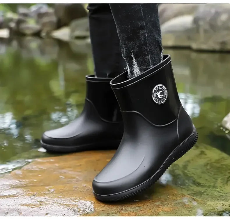 Men Rain Boots Non-slip Light Hiking Rain Shoes Slip on Waterproof Outdoor Leisure Rubber Fishing Shoes Work Water Shoes