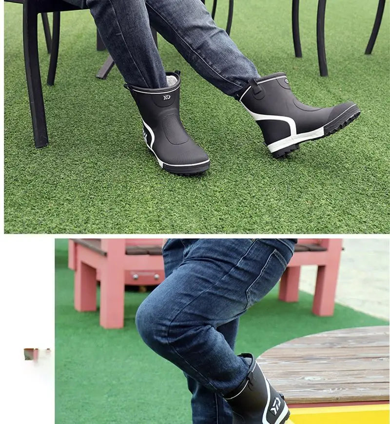 Thiened Fce Lined Rubber Rain Boots Men's Mid-Calf Warm Waterproof Non-Slip Fiing Boots Cold Resistant Booties