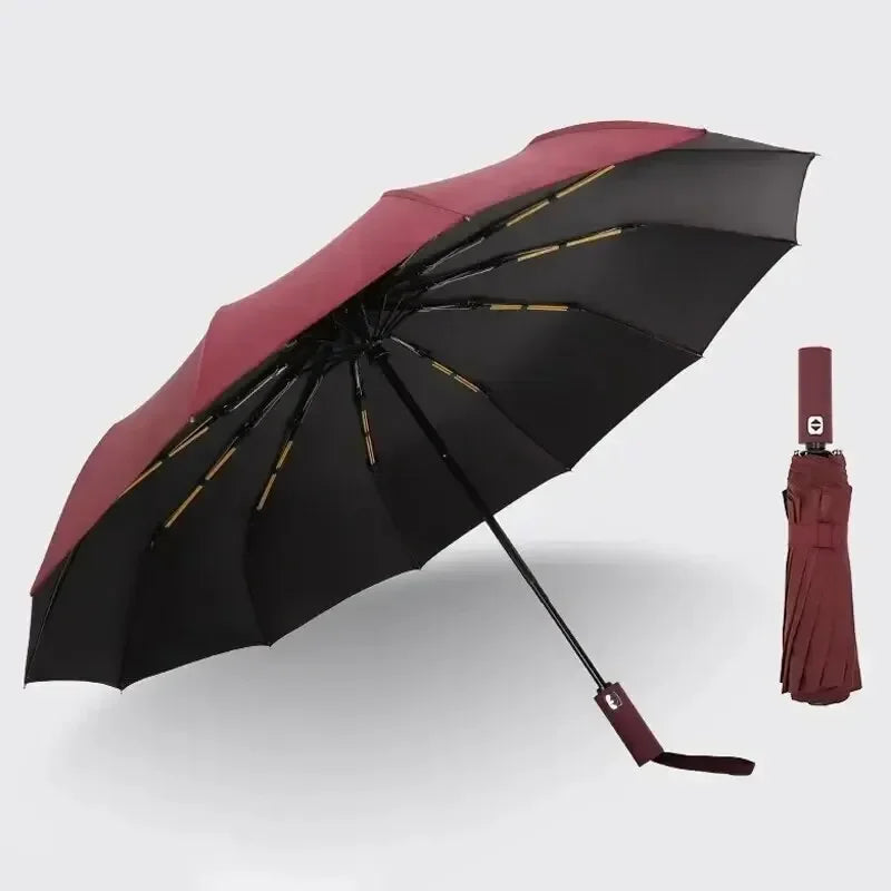 Thick and durable 12-rib black glue fully automatic umbrella, anti-ultraviolet, foldable umbrella for both sunny and rainy use.