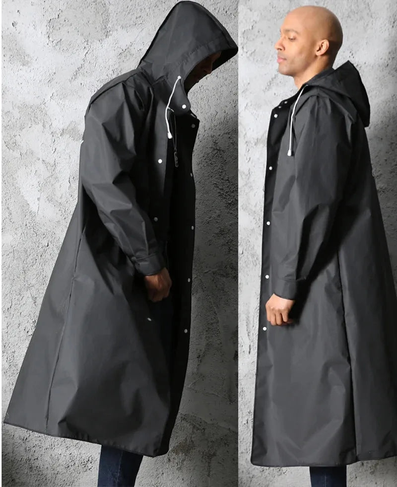 Fashion black adult windbreaker style waterproof long raincoat women's men's hooded outdoor motorcycle, bicycle, hiking, fishing
