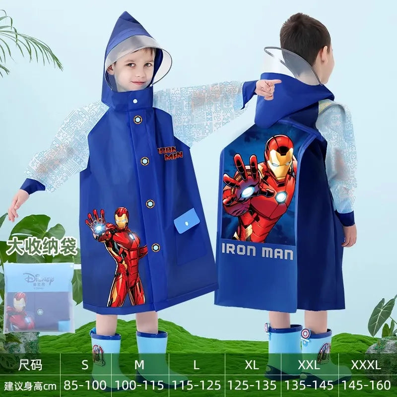 Disney Kids Raincoat Wateproof Children Elsa Spider-Man Rain Poncho Rain Coat Jacket with Backpack Position Student RainWear