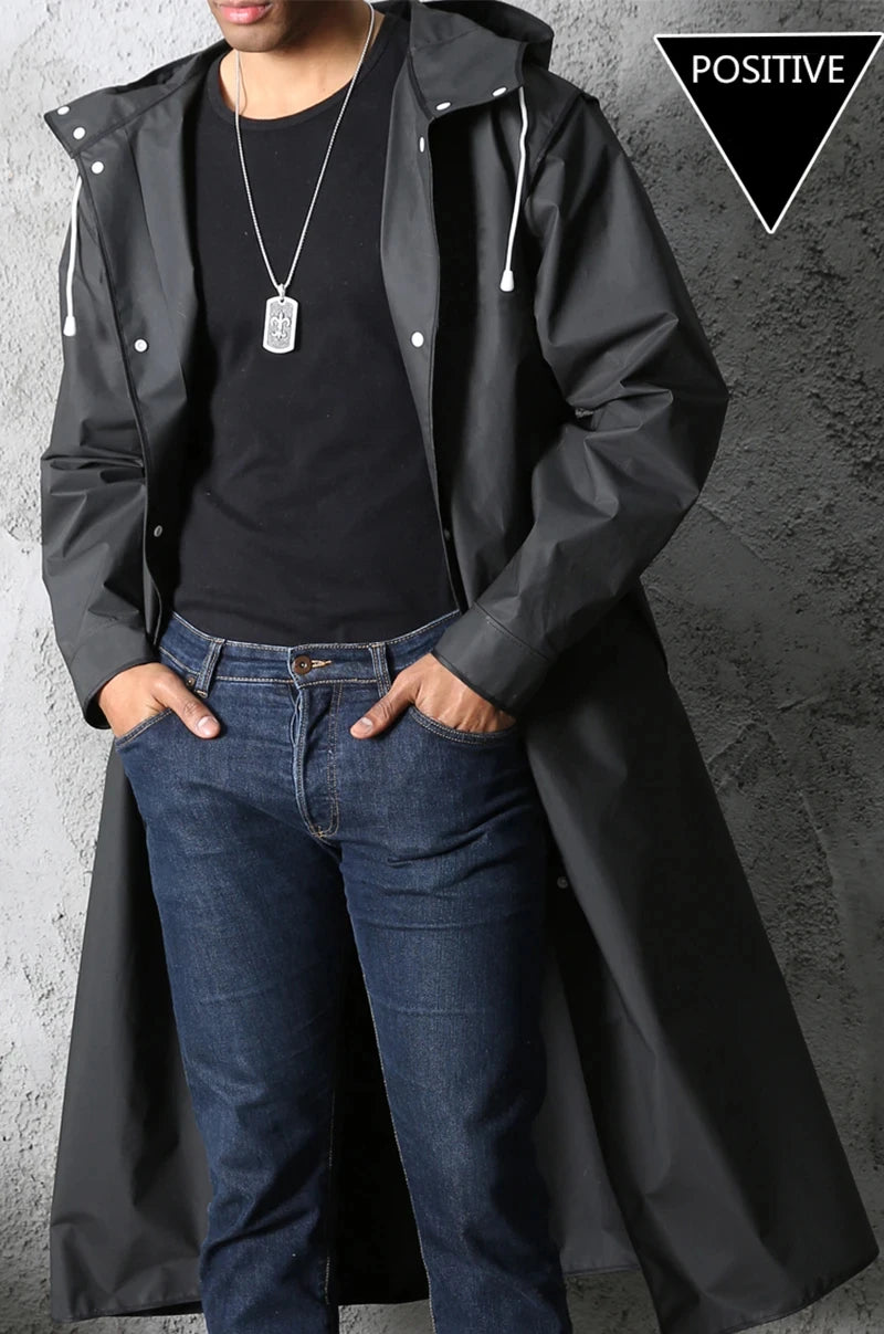 Fashion black adult windbreaker style waterproof long raincoat women's men's hooded outdoor motorcycle, bicycle, hiking, fishing