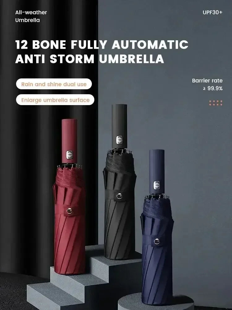 Thick and durable 12-rib black glue fully automatic umbrella, anti-ultraviolet, foldable umbrella for both sunny and rainy use.