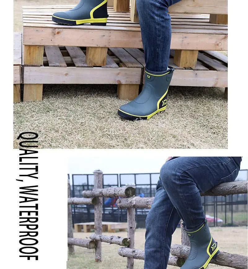Thiened Fce Lined Rubber Rain Boots Men's Mid-Calf Warm Waterproof Non-Slip Fiing Boots Cold Resistant Booties