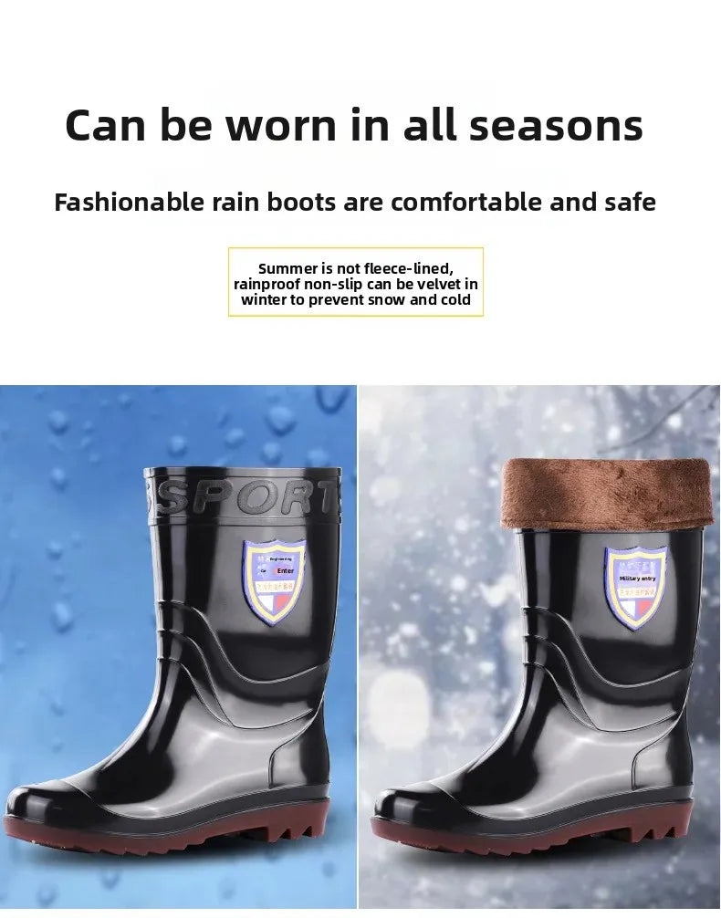 Thickened Cotton Lined Long Tube Winter Rain Boots Men's High Top round Toe Water Shoes Kitchen Shoes with Fleece Men's Rain Sho