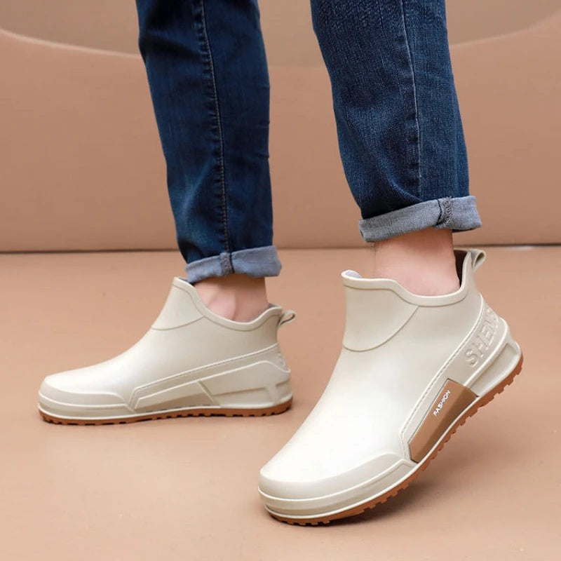 Waterproof Ankle Rain Boots for Men Chef Kitchen Fleece-lined Man Shoes Work Fashion Rainy Day Non-slip Garden Fishing Wellies