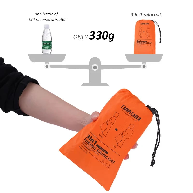 Outdoor 3 In 1 Raincoat Hooded Sleeve Waterproof Rain Poncho Motorcycle Rain Cover Camping Hiking Travel Portable Rainwear Tent