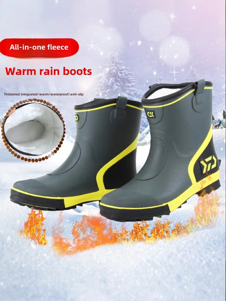 Thiened Fce Lined Rubber Rain Boots Men's Mid-Calf Warm Waterproof Non-Slip Fiing Boots Cold Resistant Booties