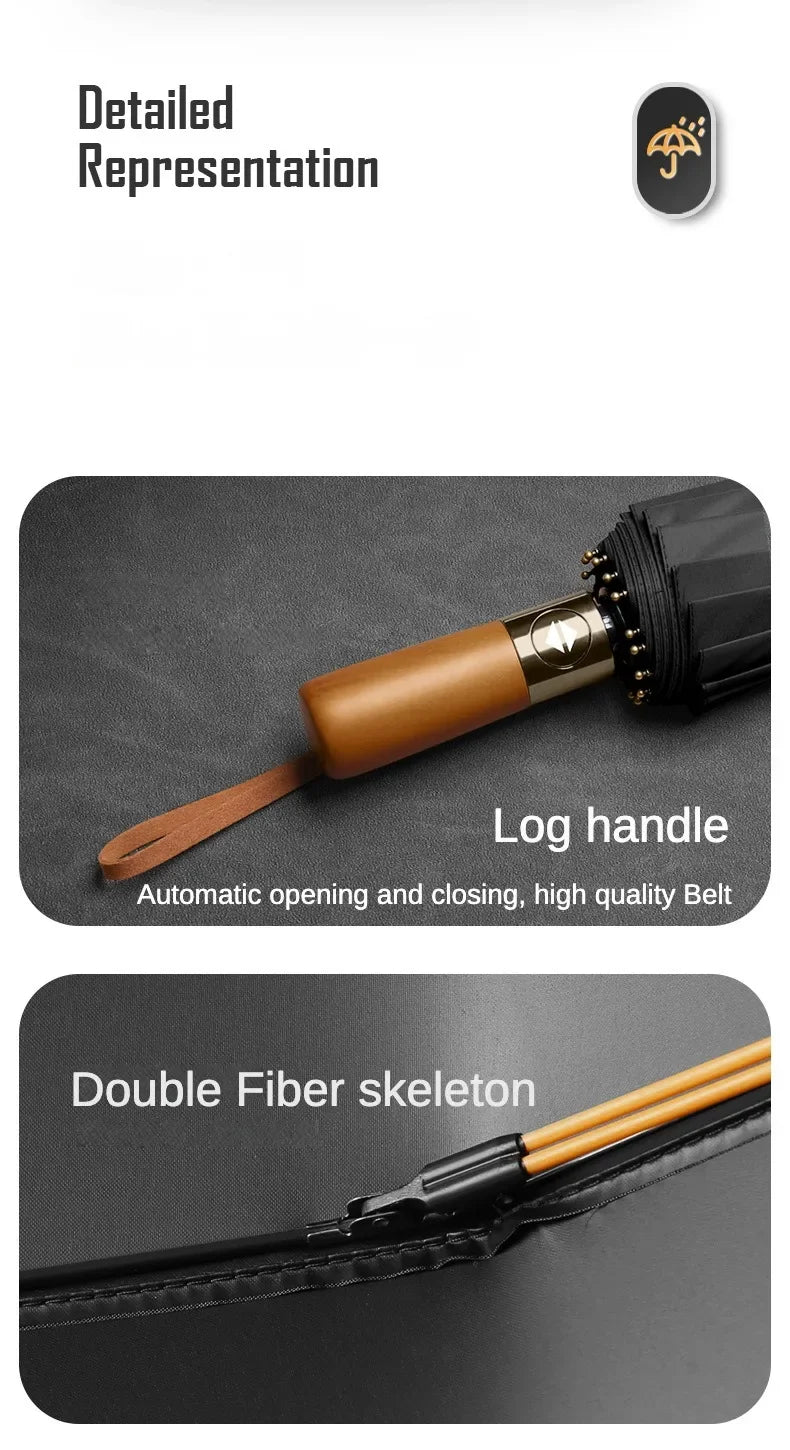 Business Fully Automatic Folding Umbrella Men and Women, Windproof 32 Bone, Wooden Handle, Waterproof Sunshade Rain Umbrellas