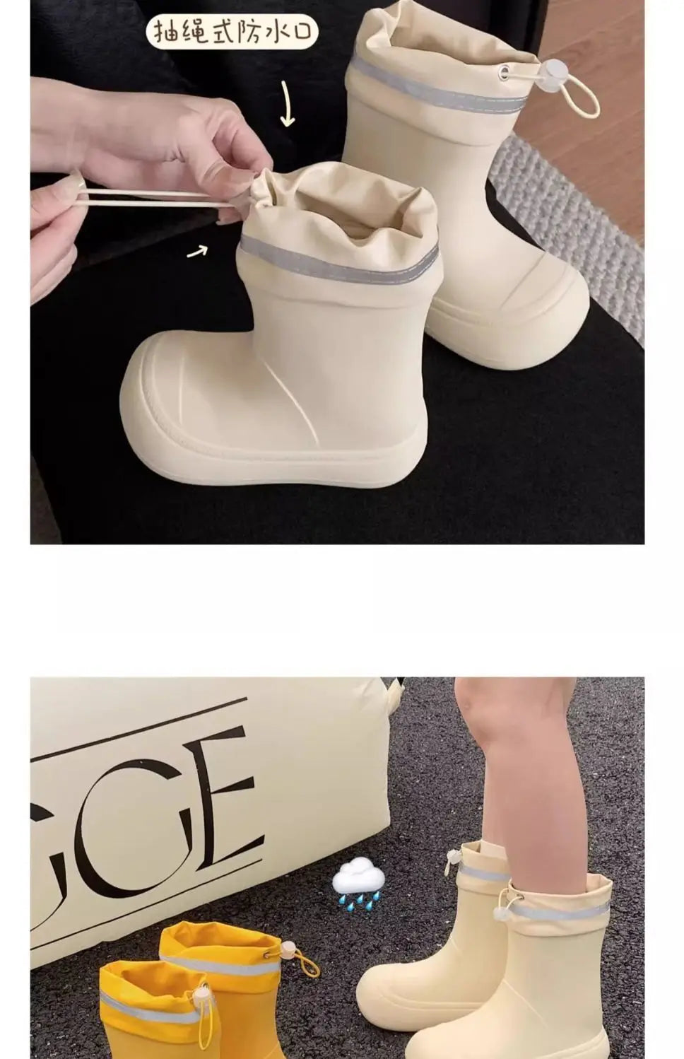 Solid Big  Men Women Outdoor Tide Non-slip Waterproof Parent-Child Rain Boots Children Hundred Couple Adjustable Drawstring