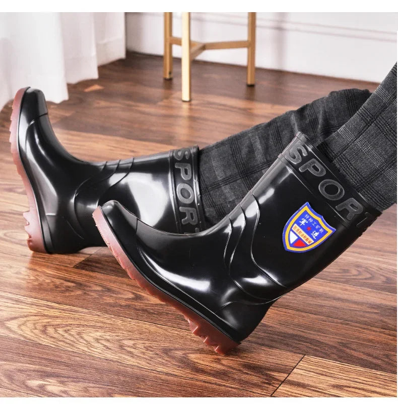 Thickened Cotton Lined Long Tube Winter Rain Boots Men's High Top round Toe Water Shoes Kitchen Shoes with Fleece Men's Rain Sho