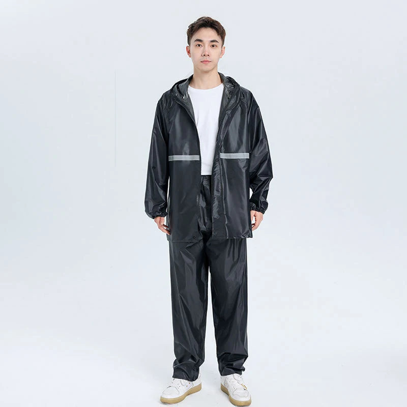 2pcs Hooded Coat & Pant Rain Suit For Women Men Outdoor Waterproof Rain Gear With Reflective Strip Motocycle Riding Raincoat
