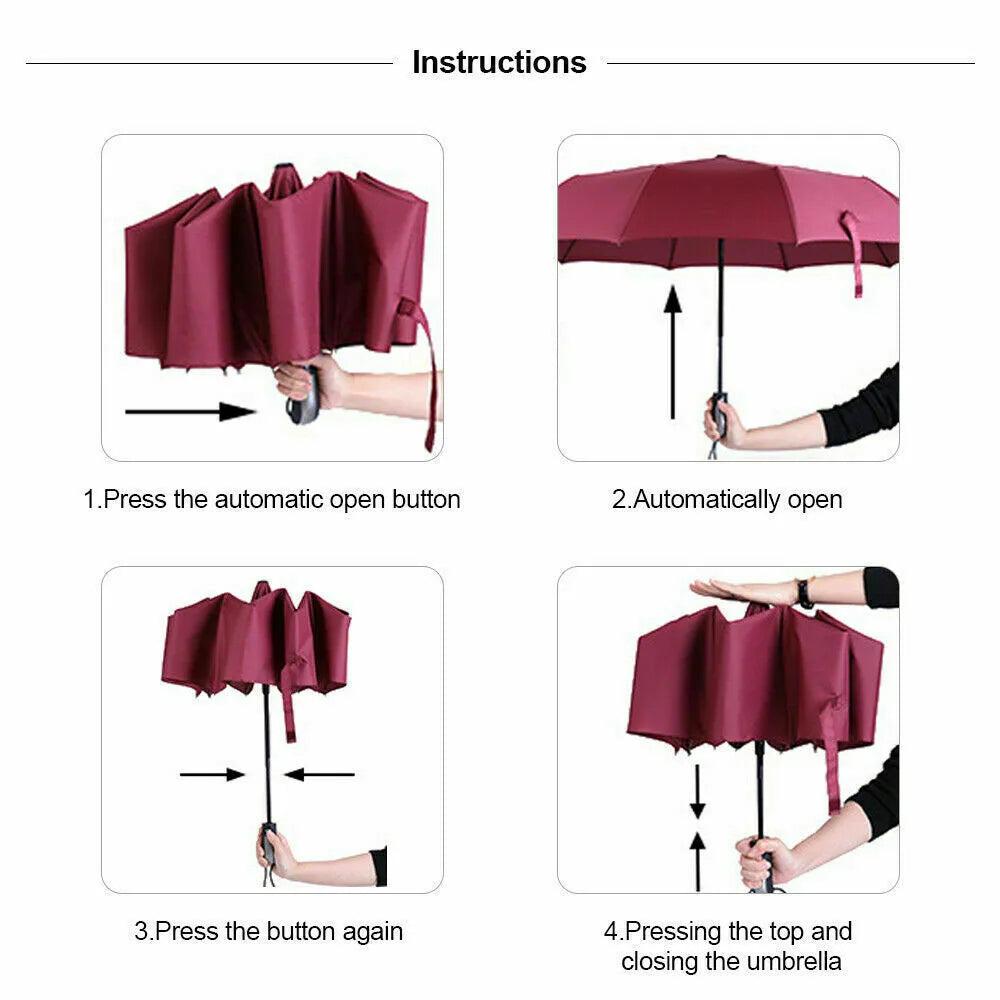 Windproof Wind Resistant 10 Ribs Strong Umbrella Automatic Open Close Folding Umbrella Compact Travel For Men and Women