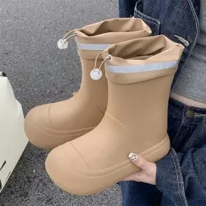 Solid Big  Men Women Outdoor Tide Non-slip Waterproof Parent-Child Rain Boots Children Hundred Couple Adjustable Drawstring