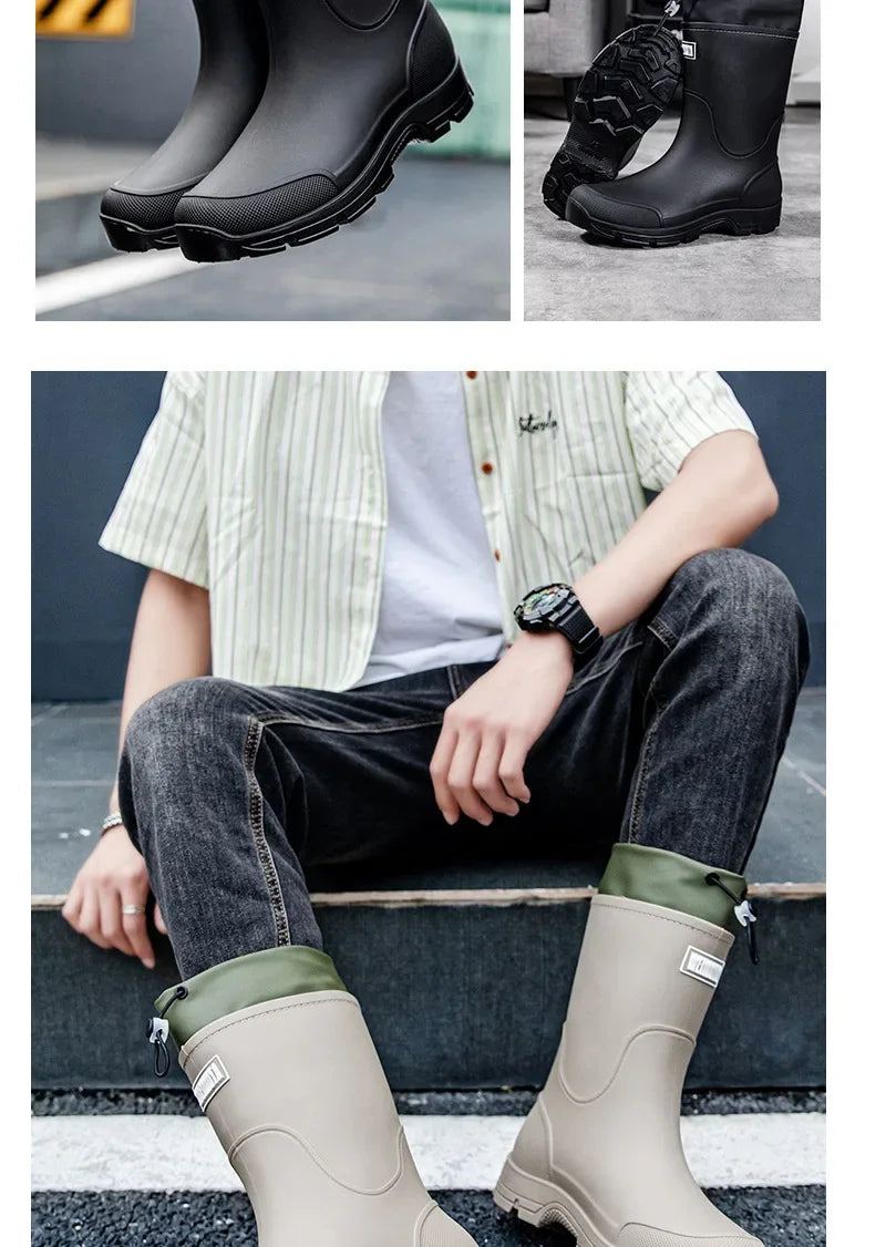 Men's Mid-calf Rain Boots.  New Style. Fashionable Mid-calf Outdoor Slip-resistant Water Shoes. Lightweight and Waterproof