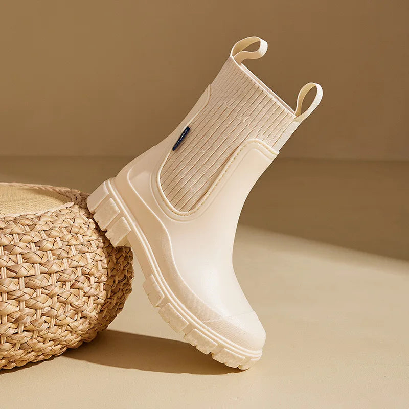 Boots Shoes Solid Mid Calf Shallow Pvc Round Toe Women's Rain Shoes Rain Boots Platform Women Waterproof Boots Markdown Sale