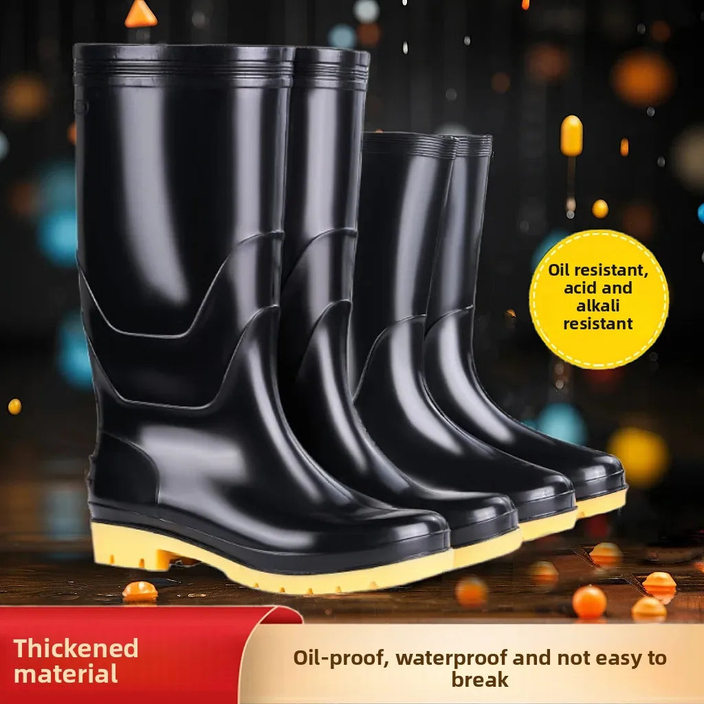 Thickened Cotton Lined Long Tube Winter Rain Boots Men's High Top round Toe Water Shoes Kitchen Shoes with Fleece Men's Rain Sho