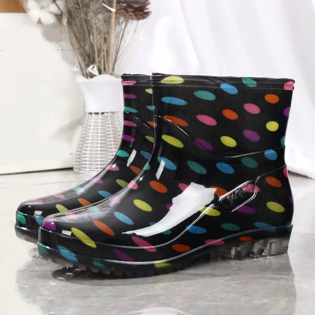 Black Polka Dots Women's Rain Shoes Waterproof And Non-slip Kitchen Work Rubber Shoes Pvc Short Tube Rain Boots Summer Shoes