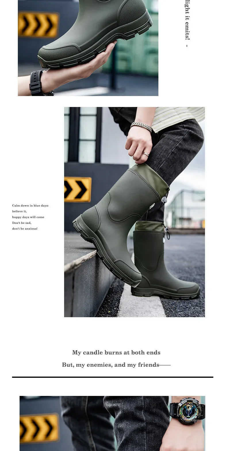 Men's Mid-calf Rain Boots.  New Style. Fashionable Mid-calf Outdoor Slip-resistant Water Shoes. Lightweight and Waterproof