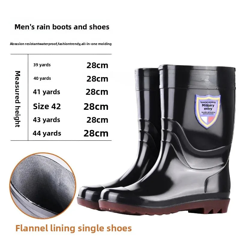 Thickened Cotton Lined Long Tube Winter Rain Boots Men's High Top round Toe Water Shoes Kitchen Shoes with Fleece Men's Rain Sho