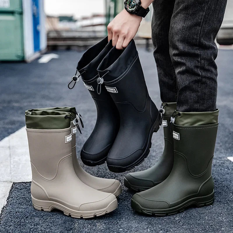 Men's Mid-calf Rain Boots.  New Style. Fashionable Mid-calf Outdoor Slip-resistant Water Shoes. Lightweight and Waterproof