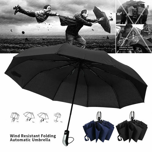 10 Ribs Automatic Open Close Umbrella Folding Ladies Walking Travel Black