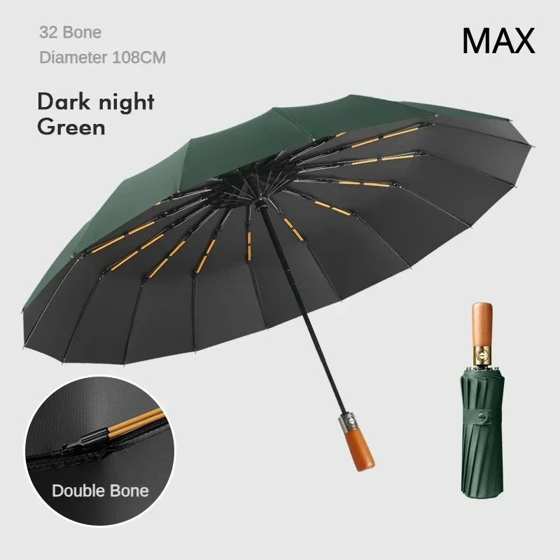 Business Fully Automatic Folding Umbrella Men and Women, Windproof 32 Bone, Wooden Handle, Waterproof Sunshade Rain Umbrellas